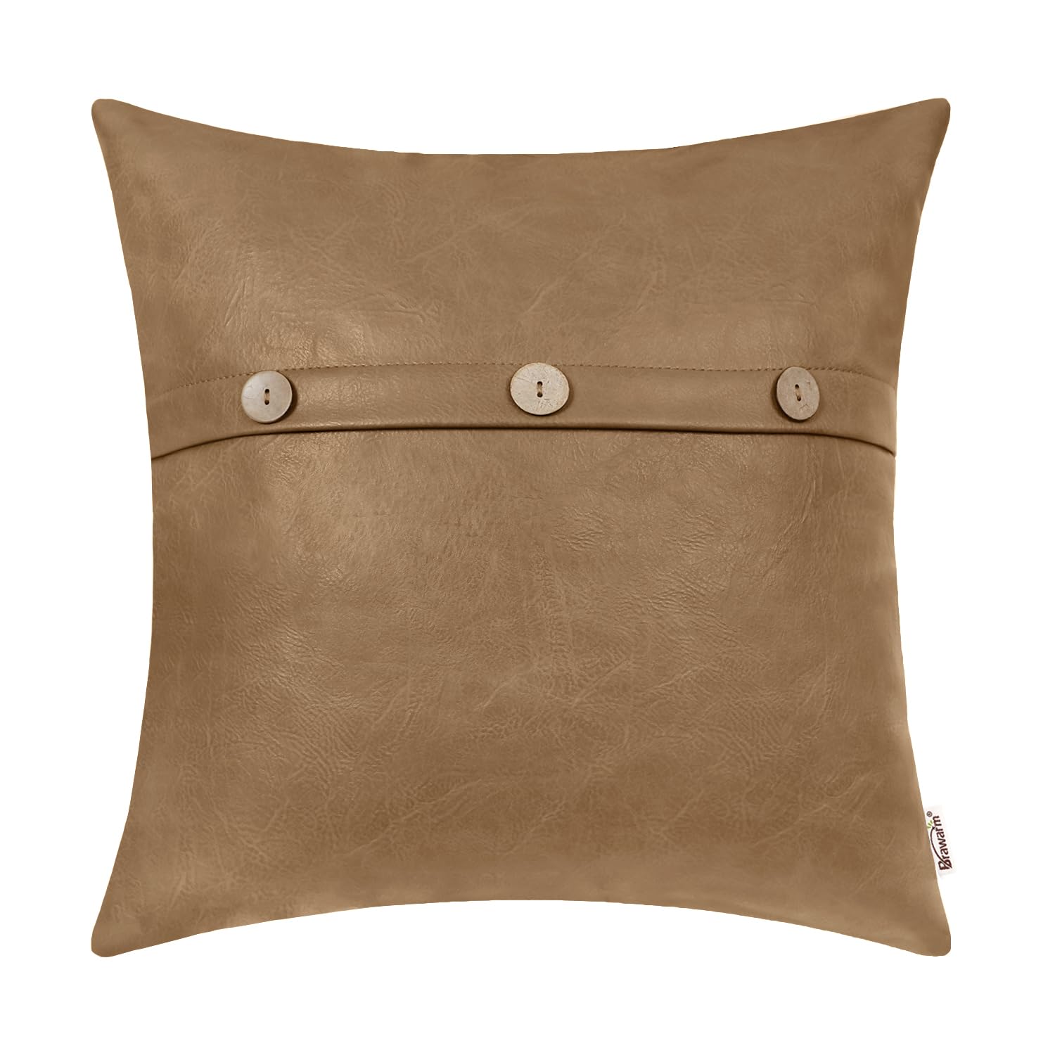 BRAWARM Leather Throw Pillow Covers 16 X 16 Inches Khaki Faux Leather Pillow Cover with Triple Button Farmhouse