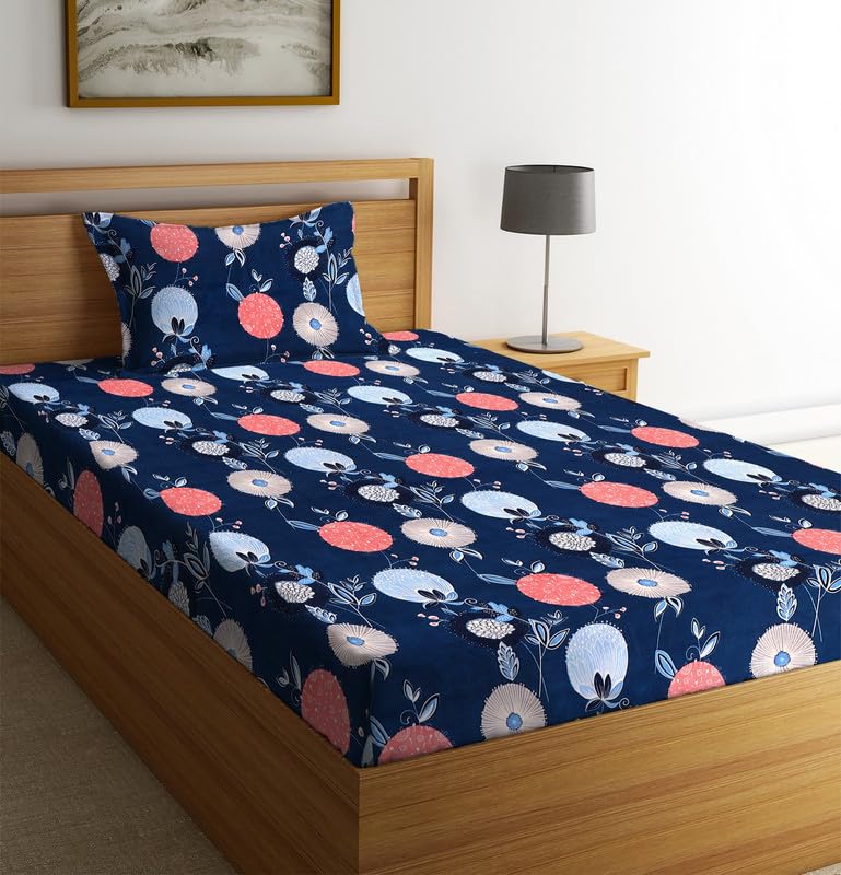 Image of la' amour Premium Glace Cotton 180 TC Flat Single Bedsheets for Summer Breathable | Wrinklefree (Size-60 X 90 Inch) with 1 Pillow Covers (Size-17 X 27 Inches, Dark Blue)