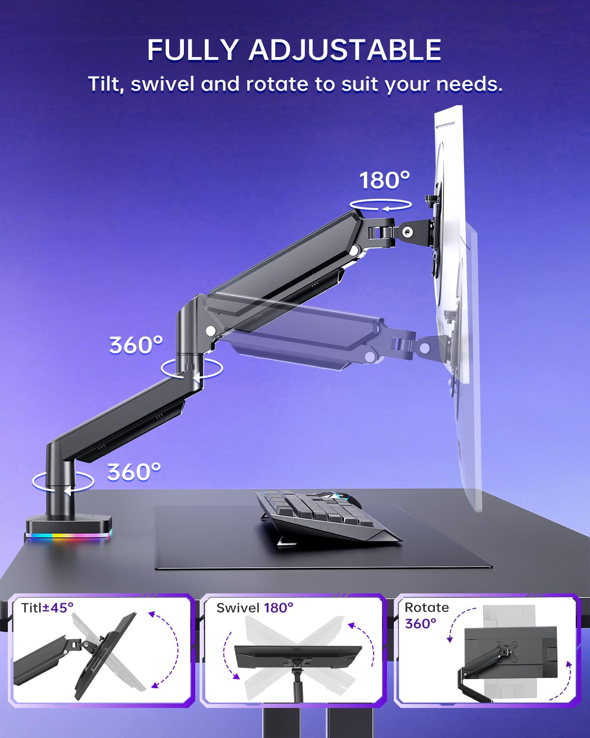 Afaloona Supporto per monitor singolo RGB, braccio per monitor a molla a gas con 3 porte USB, funzione di ricarica e trasferimento dati USB, supporto da scrivania per monitor da 13"-32" fino a 9 kg