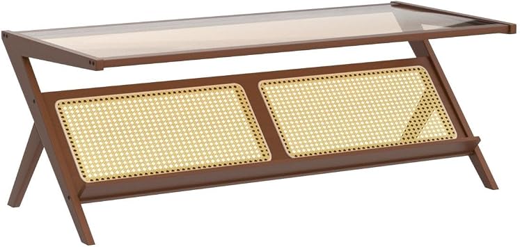 Bamworld Rattan Coffee Table with Glass Top Mid-Century Modern Center Table