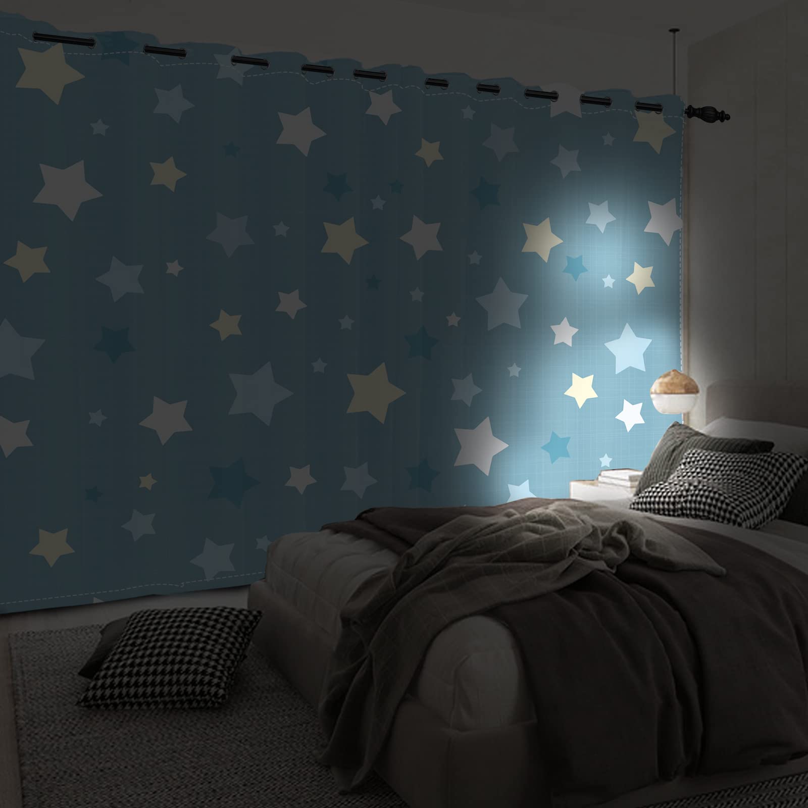 107x160cm Rideau à œillets Ciel de Dessin animé Ciel Bleu Étoiles colorées Chambre de bébé Occultant Œillets Rideaux de fenêtre pour Chambre d'enfant Salon Salle à Manger,2 Panneau