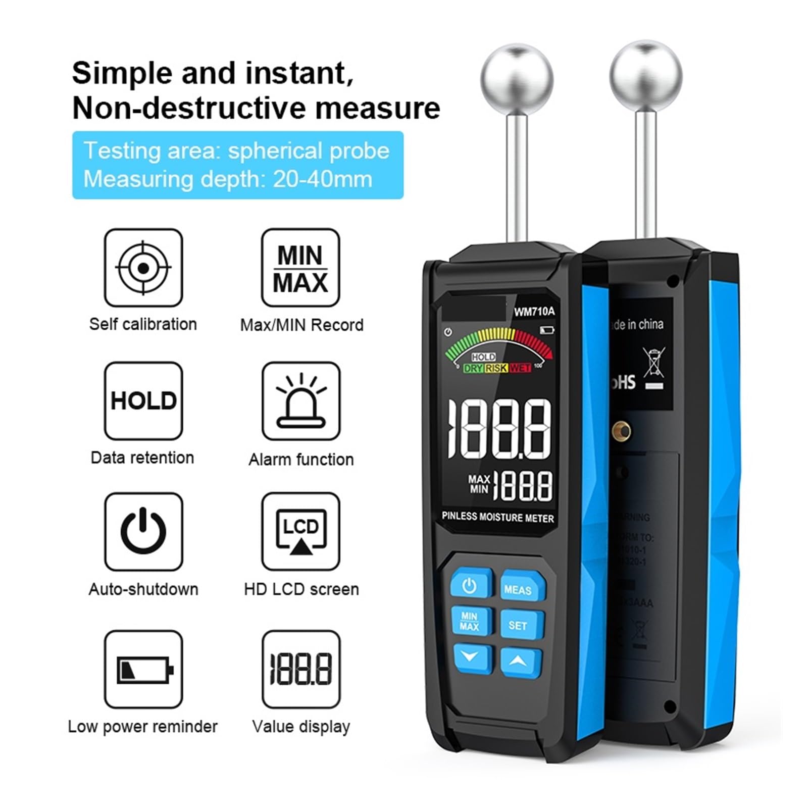 Digitaler Holzfeuchtemesser, Detektor, Alarmfunktionstester, Berührungsloses Hygrometer