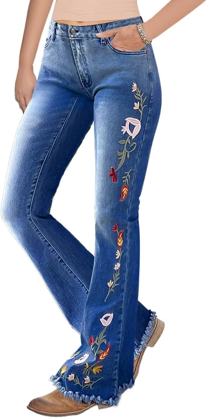 Flamingals Women's Floral Embroidery Mid Waist High Stretch Bootcut Jeans with Pockets Twilight Mid Blue L