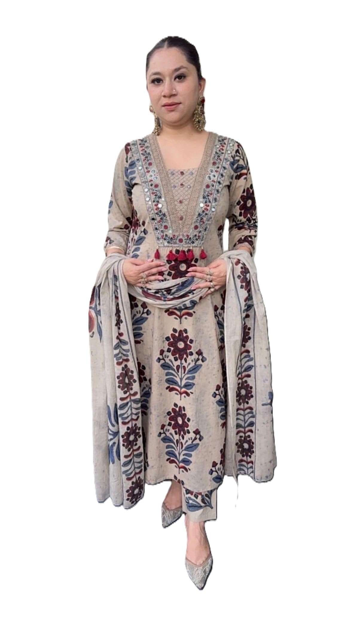 Women's Cotton V-Neck Embroidered Floral Kurta Salwar Suit with Dupatta-image-24