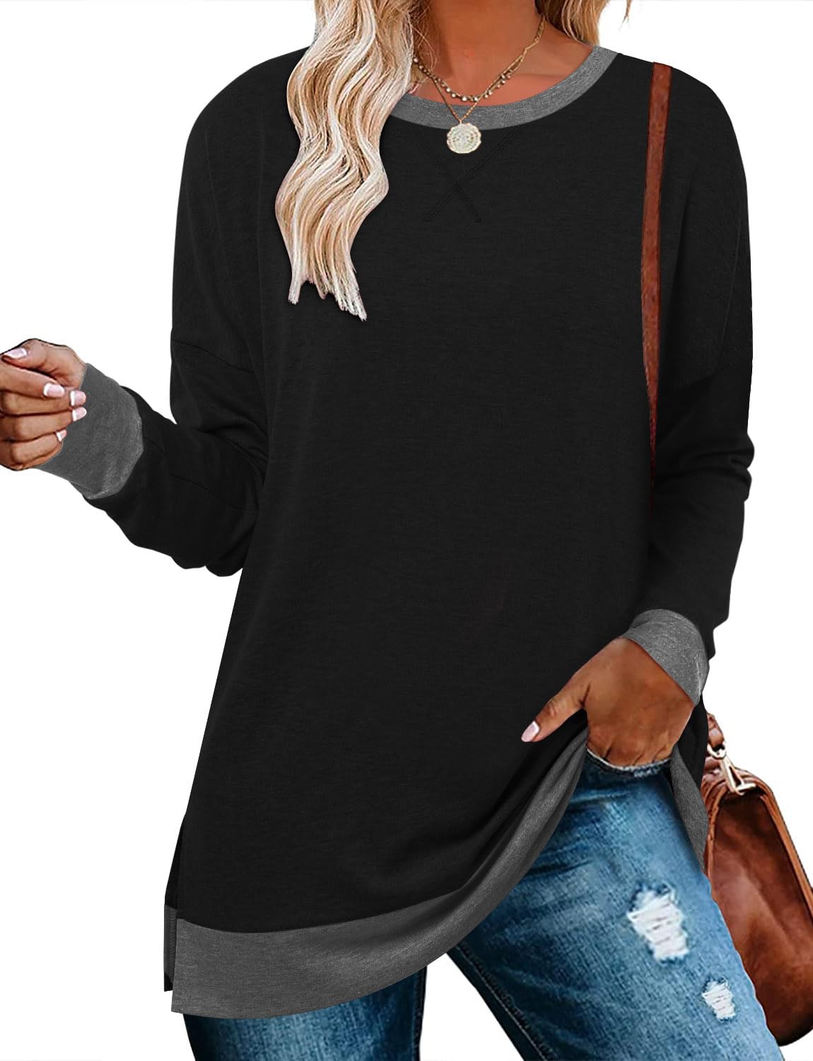 Photo 1 of (LARGE) BETTE BOUTIK women's drop long sleeve sweatshirt basic long sleeve shirts for women BlackGrey Large