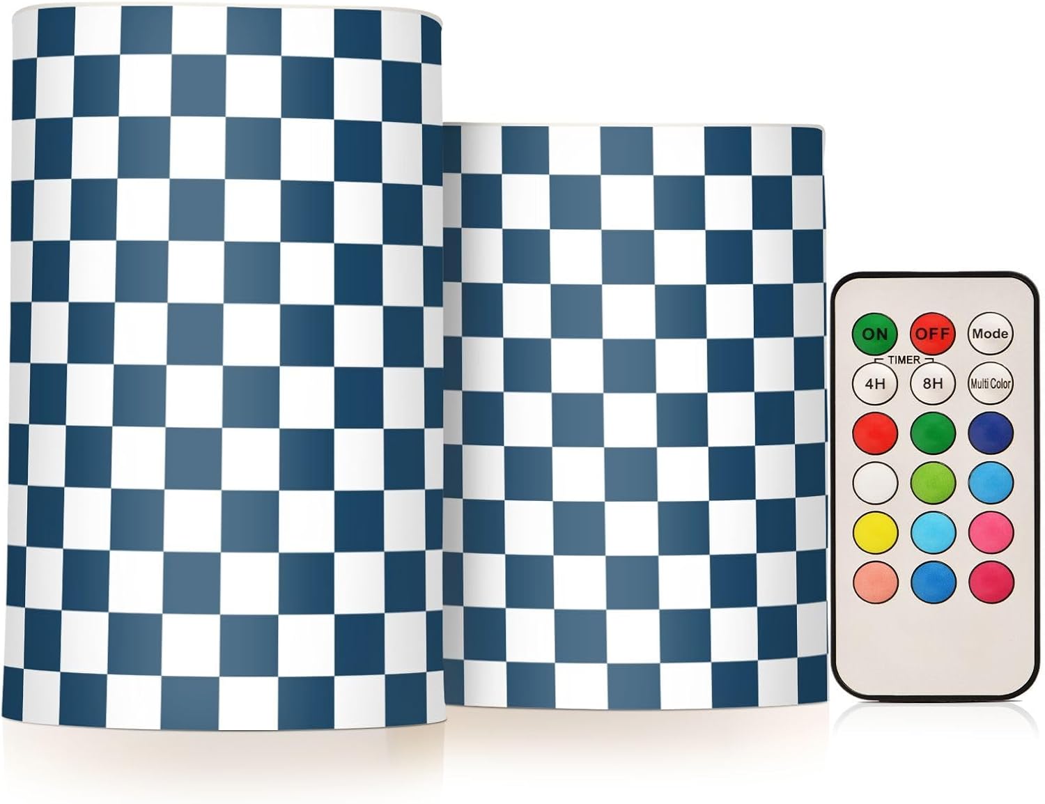 Navy White Checkered Flickering Flameless Candles LED Battery Operated with Remote Timer Pillar Candles for Home Birthday Wedding Christmas Decor, Set of 2