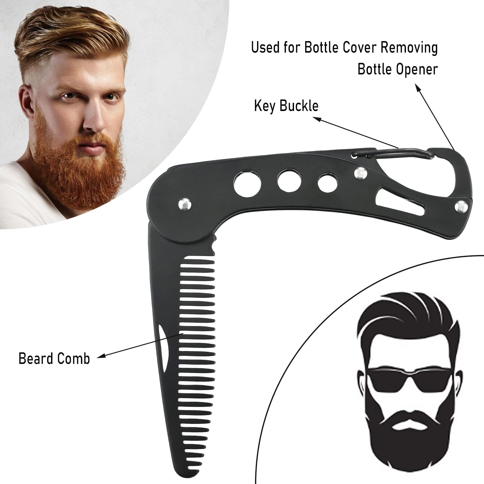Pettine da barba pieghevole in acciaio inossidabile, da uomo, per curare, pettinare e acconciare capelli, barba e baffi, tascabile, antistatico, 9,5 x 3 x 1,5 cm