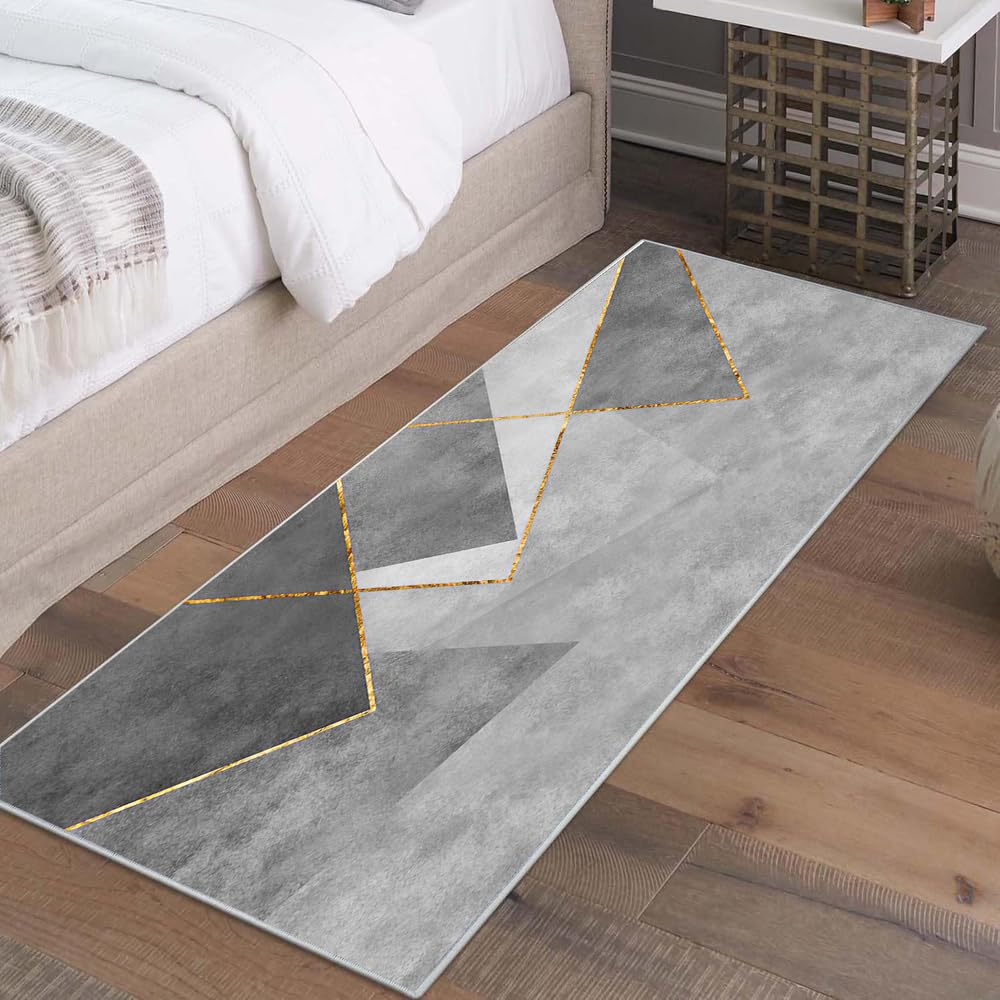 Tappeto Passatoia per Casa, Antiscivolo e Lavabile, per Cucina Corridoio Ingresso,Grigio-Oro Geometrico Moderno，70 x 280 cm