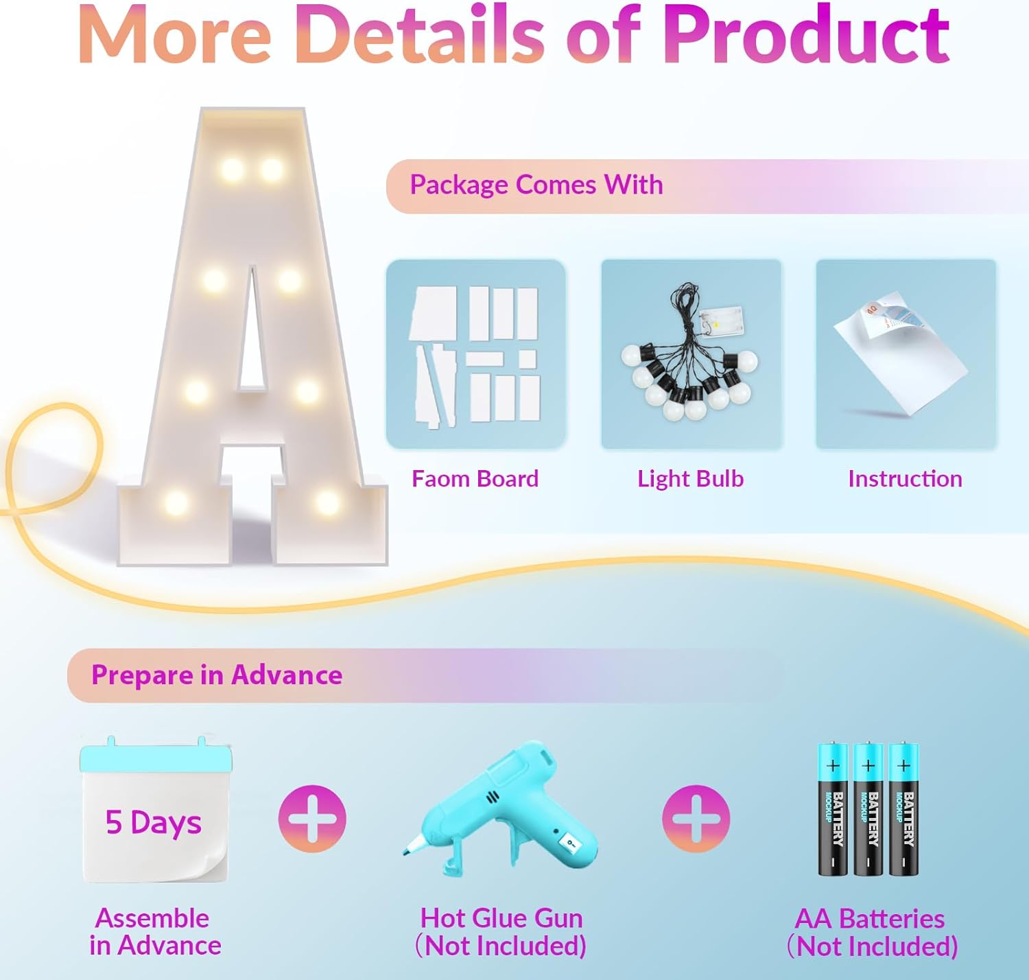 JoyMuse Marquee Letters 3 Feet Tall, Light Up Letters 3FT with Lights, Large Letters for Party, Letter A Light Up Letters for Graduation Proposal Wedding Birthday Homecoming Decorations - Image 4