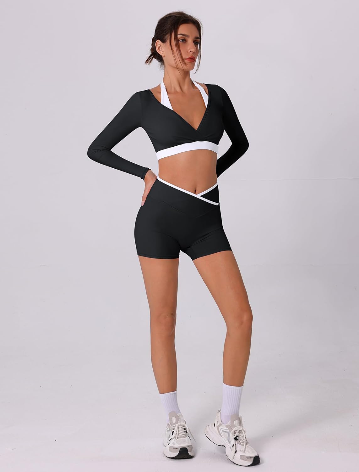 ABOCIW Womens Workout Sets Color Block Long Sleeve Crop Top with Built-in Bra Crossover Booty Shorts Yoga Gym Outfits