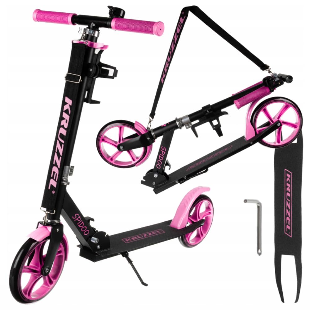 KRUZZEL Roller Kinder Klappbar ab 8 Jahren bis to 100 kg 200-mm-Räder - Höhenverstellbar Lenkrad 87–92–98 cm -Scooter Rosa mit Fußbremse und Flaschenhalter - Aluminiumrahmen 25628