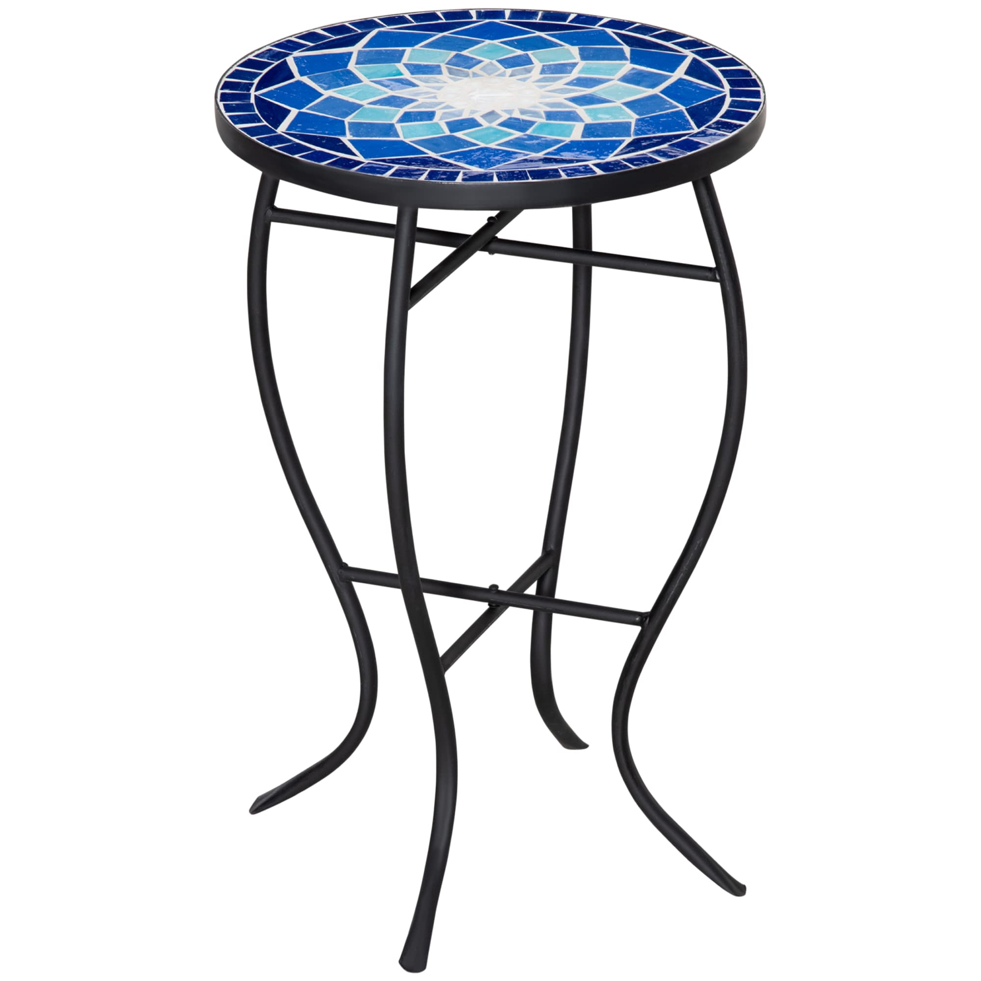 Outsunny Tavolino da Giardino Rotondo in Metallo con Piano in Ceramica, Design a Mosaico, 35.5x53.5cm, Blu e Bianco