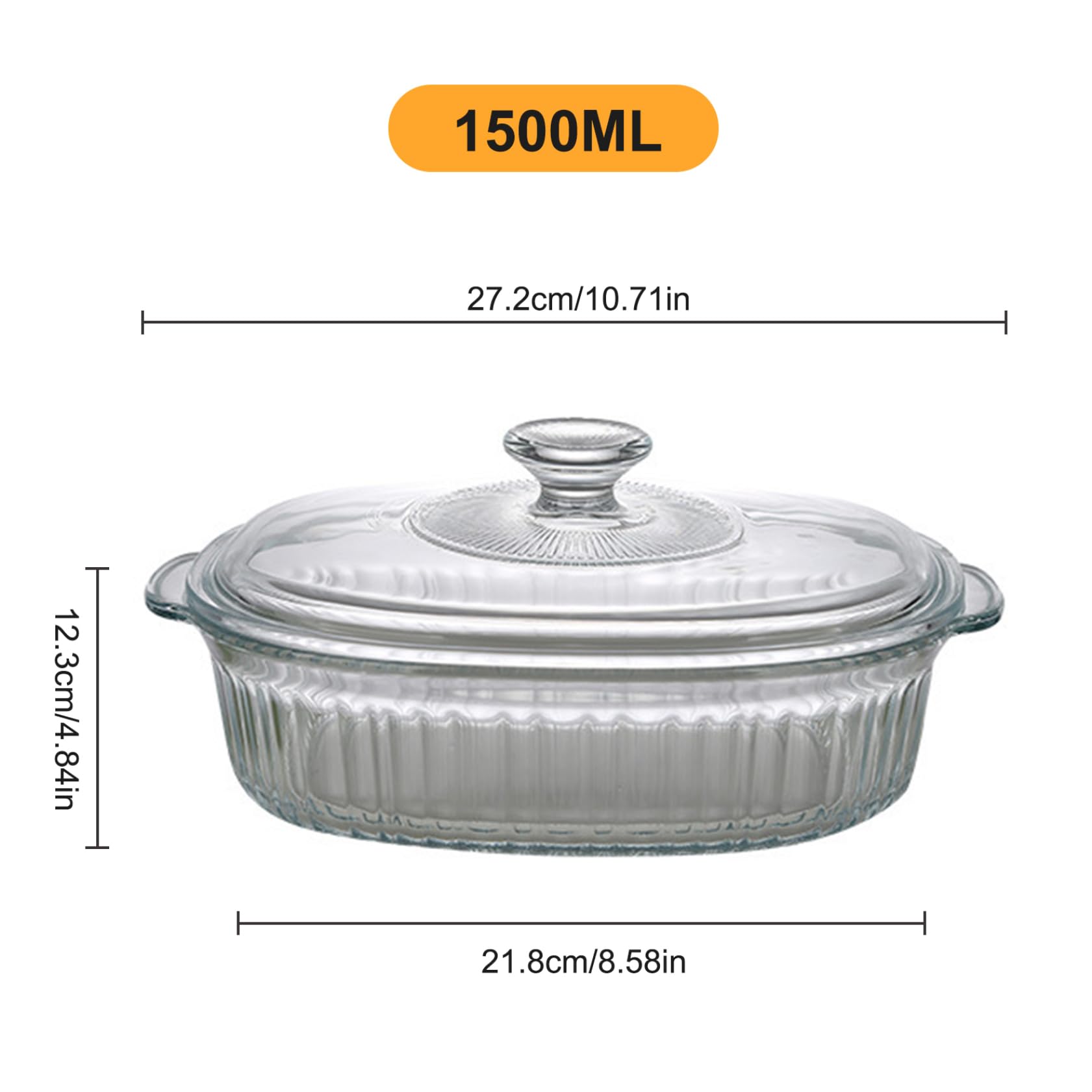 Glas Auflaufform mit Deckel, 1, 5 l, Glas Backformen, hitze/kältebeständig, große Auflaufform mit Griffen, ovale Formen für den Ofen, mikrowellengeeignet