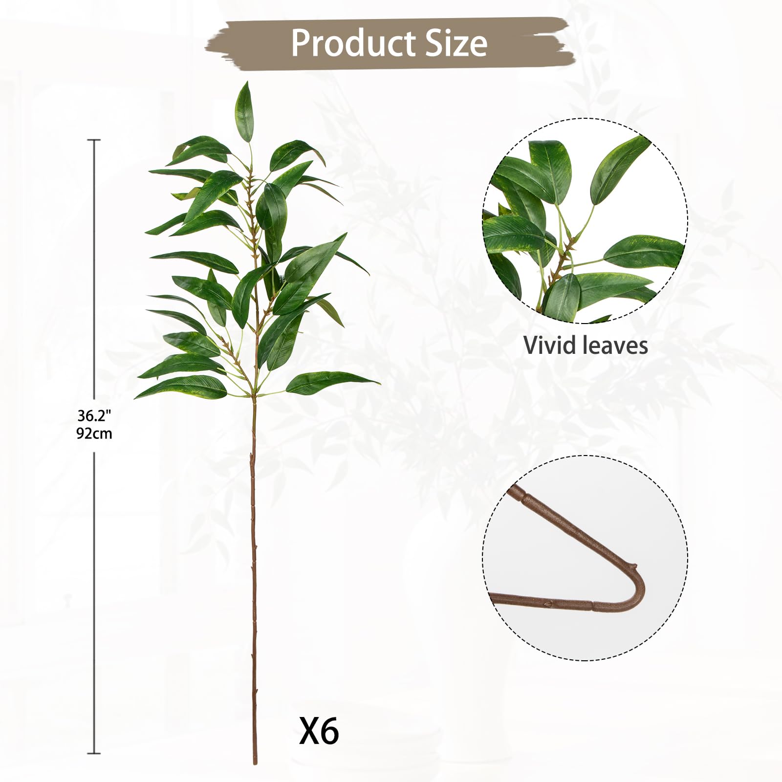 Hollyone 6 pcs Green Artificial Eucalyptus Leaves, Fake Eucalyptus Leaf Branches for Spring Decorations, Faux Eucalyptus Bundles with Long Stems for Party, Festival, Wedding, Home Decor, DIY - Image 2