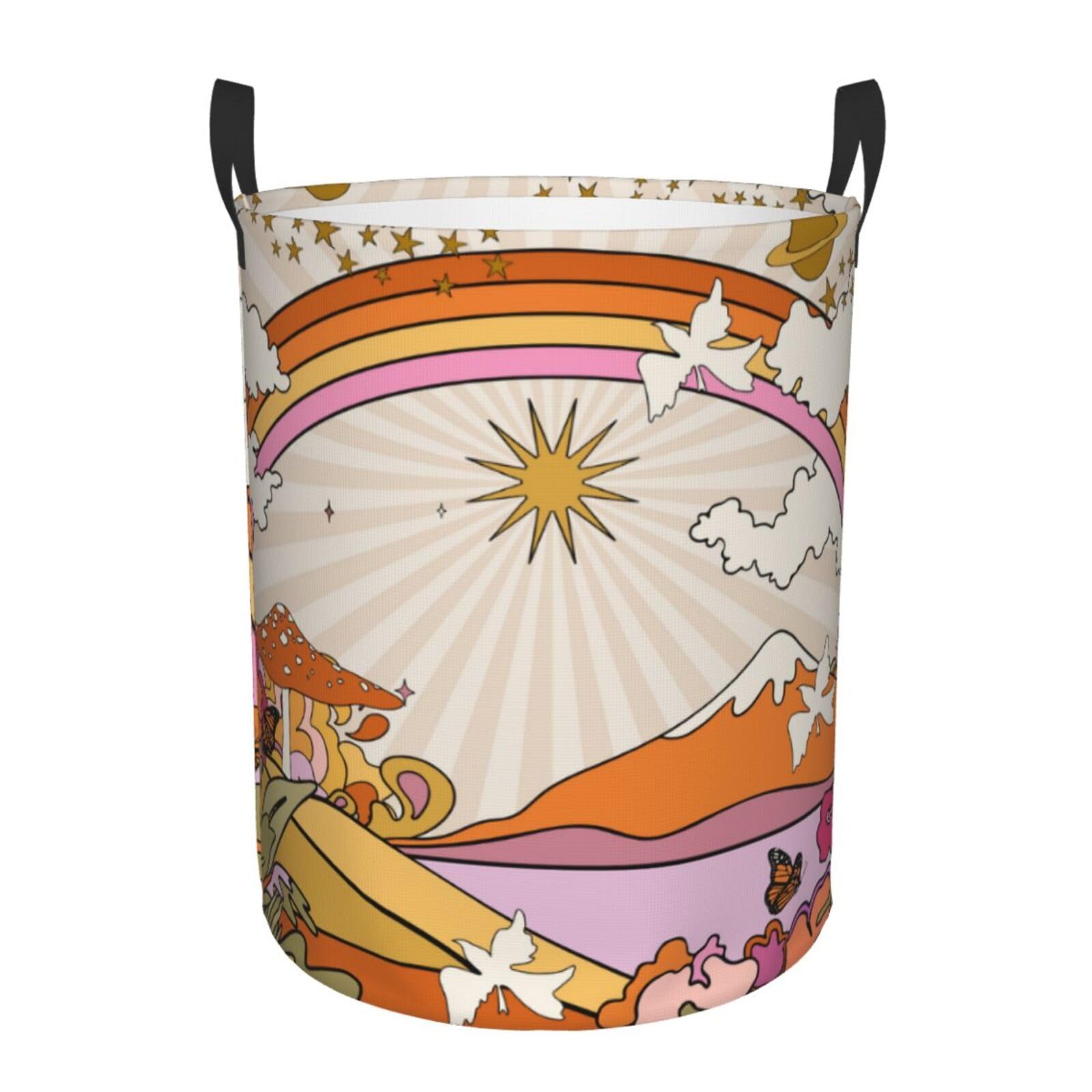 OCIOVAN Vintage 70s Hippie Landscape Psychedelic Laundry Basket Waterproof Oxford Fabric Foldable Laundry Hamper Round Portable Dirty Clothes Storage Basket Toy Bin for Bedroom Bathroom College Dorm โ image 1