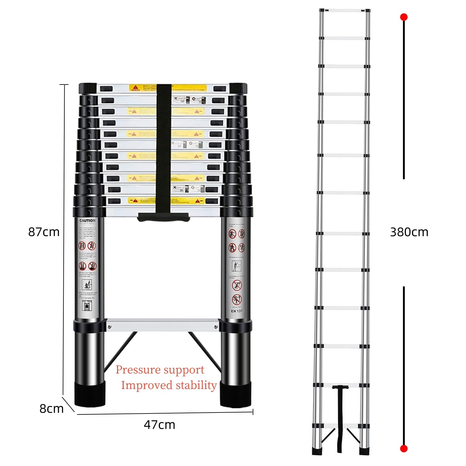 3,8m échelle Télescopique, échelle Portable en Acier Inoxydable, Hauteur Télescopique Réglable, Charge Max 150kg, pour la Maison, L'EntrepôT, L'ExtéRieur