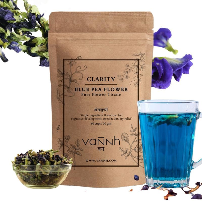 Vannh Blue Pea Tea Shankhpushpi Flower 30gm 60 Cup | Ayurvedic Sun Dried Herbal Tea | Mental Clarity | Caffeine Free | Brewed Hot Cold | Organic Natural Detox Antioxidant Tea Bags | Pack of 1