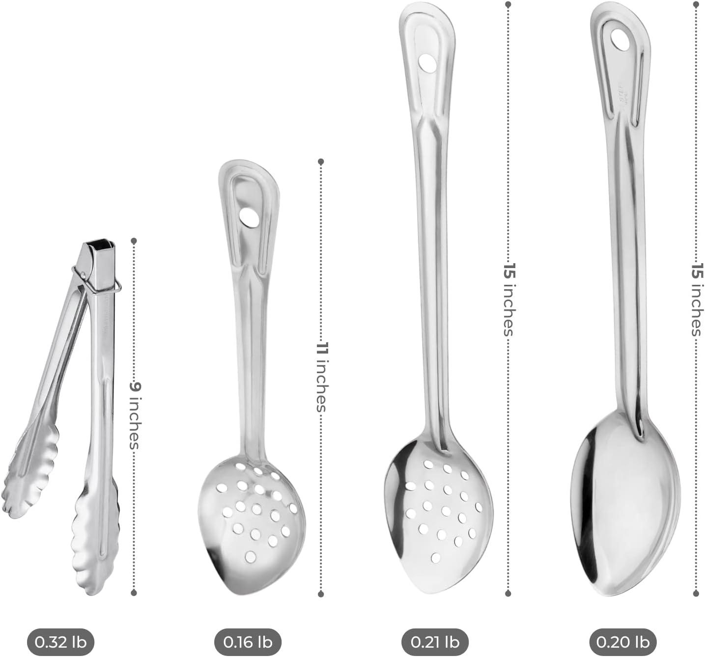 Serving Spoons, Cooking Spoons, & Kitchen Tongs For Cooking, Made of Stainless Steel, Set of 3: 11in, 15in Perforated Spoons, one 15in Solid Spoon & 9in Serving Tongs. Kitchen Utensils Set. Cucharas.