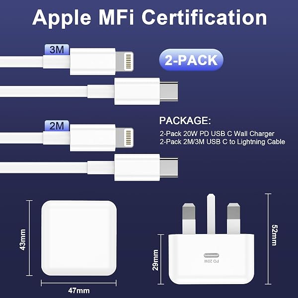 for iPhone Charger Fast Charge, 2Pack PD Fast Apple Charger UK USB C Plug With 2M&3M iPhone Fast Charger Cable [ MFi Certified] Lightning Cable for iPhone 14 13 12 11 Pro Max XS X 8 6, iPad - 2
