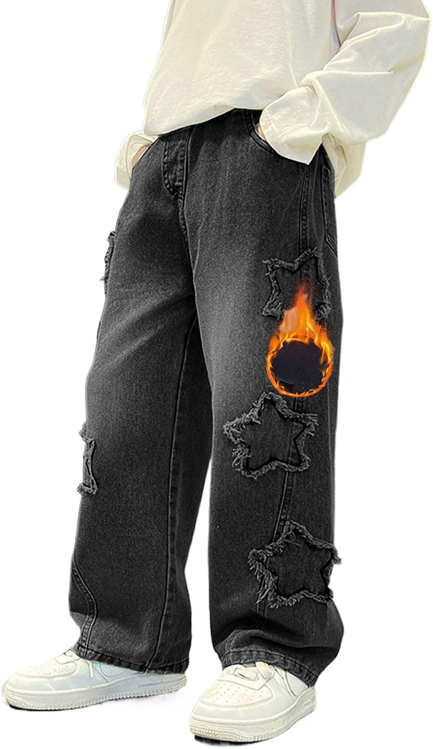 Boy’s Pull On Jeans Cute Star Baggy Denim Pants Elastic Waist Straight Wide Leg Jeans for Teen Boys 8-14 Years