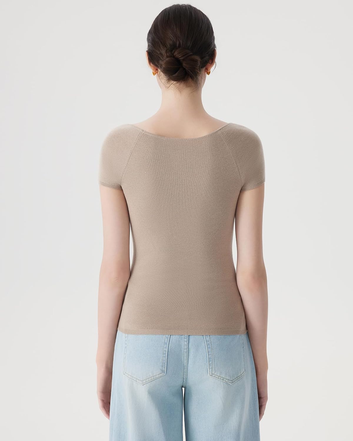 SUUKSESS Women Silk Cashmere Blend Wide V Neck Short Sleeve Sweater Casual Essential Top Shirts - Image 2