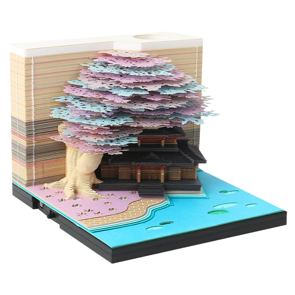 Time Piece Calendar 2026, 2026 Desk Calendar Memo Pad with LED Lights, 3D Castle Calendars Notepads, 3D Paper Carving Art Craftwork Desk Decoration for Office Reading Room (Purple Tree house)