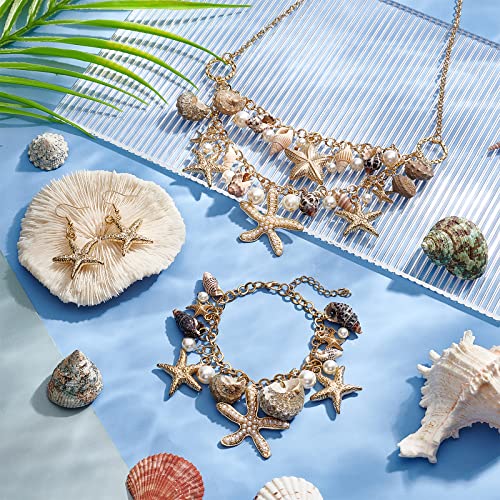 Ph Pandahall 3 In 1 Summer Sea Beach Shell Starfish Pearl Bib Statement Chunky Mermaid Tail Necklace, Bracelets, Shell Earrings Mermaid Costume Jewelry For Women(Gold-Plated) #TOP4
