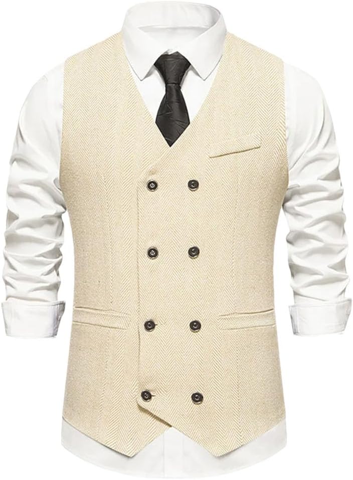 Men's Retro Double-Breasted Daily Casual Suit Vest Top Slim Fit Formal Business Waistcoat For Wedding Vest
