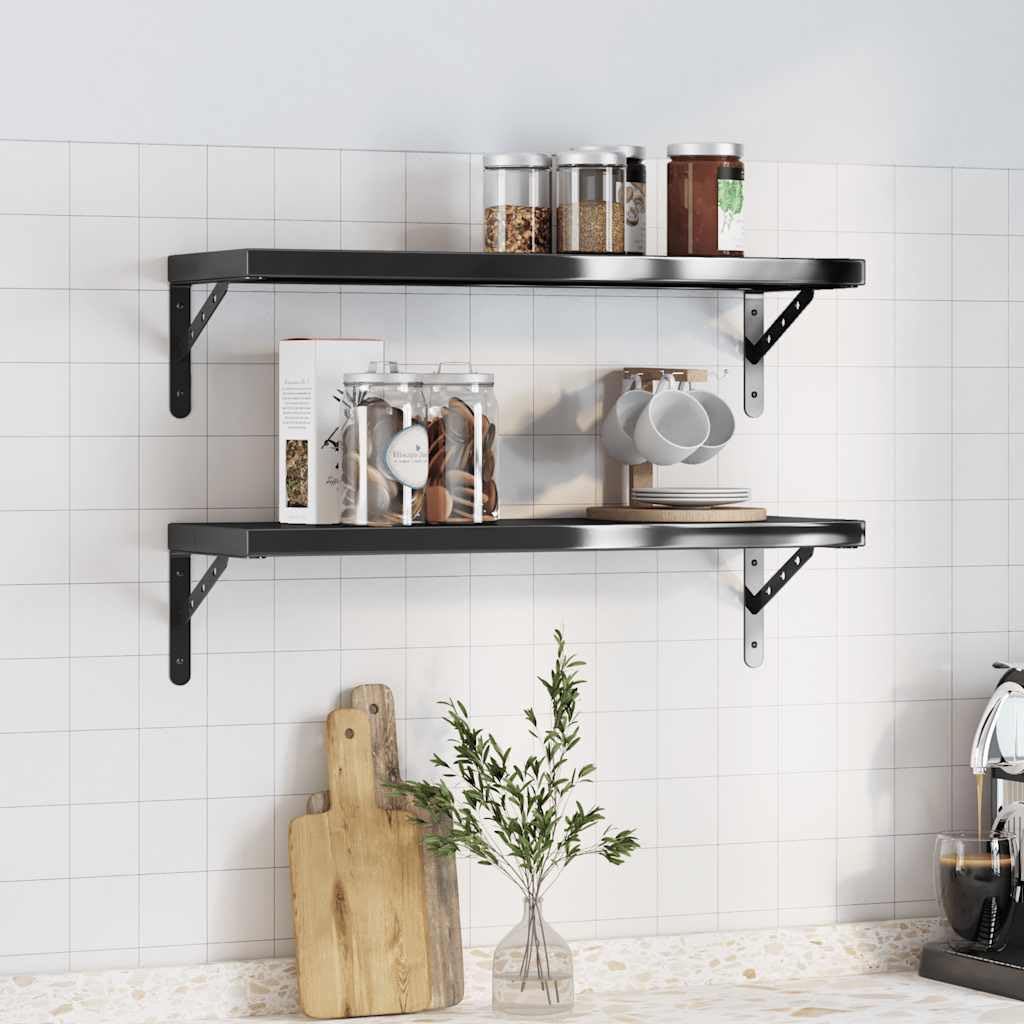 Półki ścienne 2 szt. 75 x 23,5 x 3 cm, czarne, ze stali nierdzewnej, półki wiszące do salonu, sypialni, odporne na korozję, oszczędność miejsca, łatwy montaż, nośność 100 kg