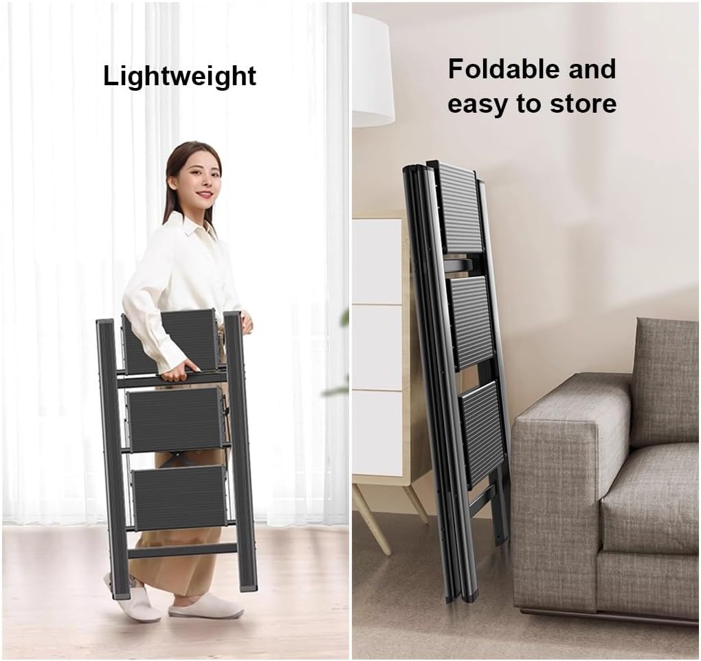 YCKEGEW Step Ladder 3 Step for Adults Folding Step Stool,Multi-Use Ladder for Kitchen, Household, and Office, 330 Lbs Capacity Aluminum Ladder,Anti-Slip Pedal(Black)