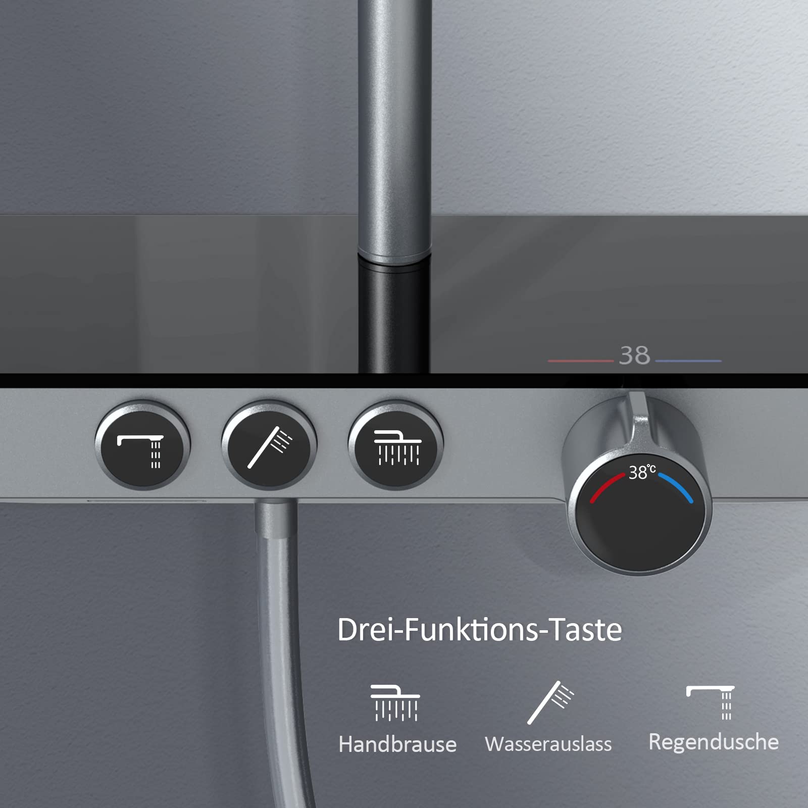 EMKE Duschsystem mit Thermostat, Anthrazit Matt Duschsystem mit Thermostatische Platte, Duschset Handbrause 3 Strahlarten, Regendusche mit Armatur, Duschgarnitur Kopfbrause, Duscharmatur Komplettset