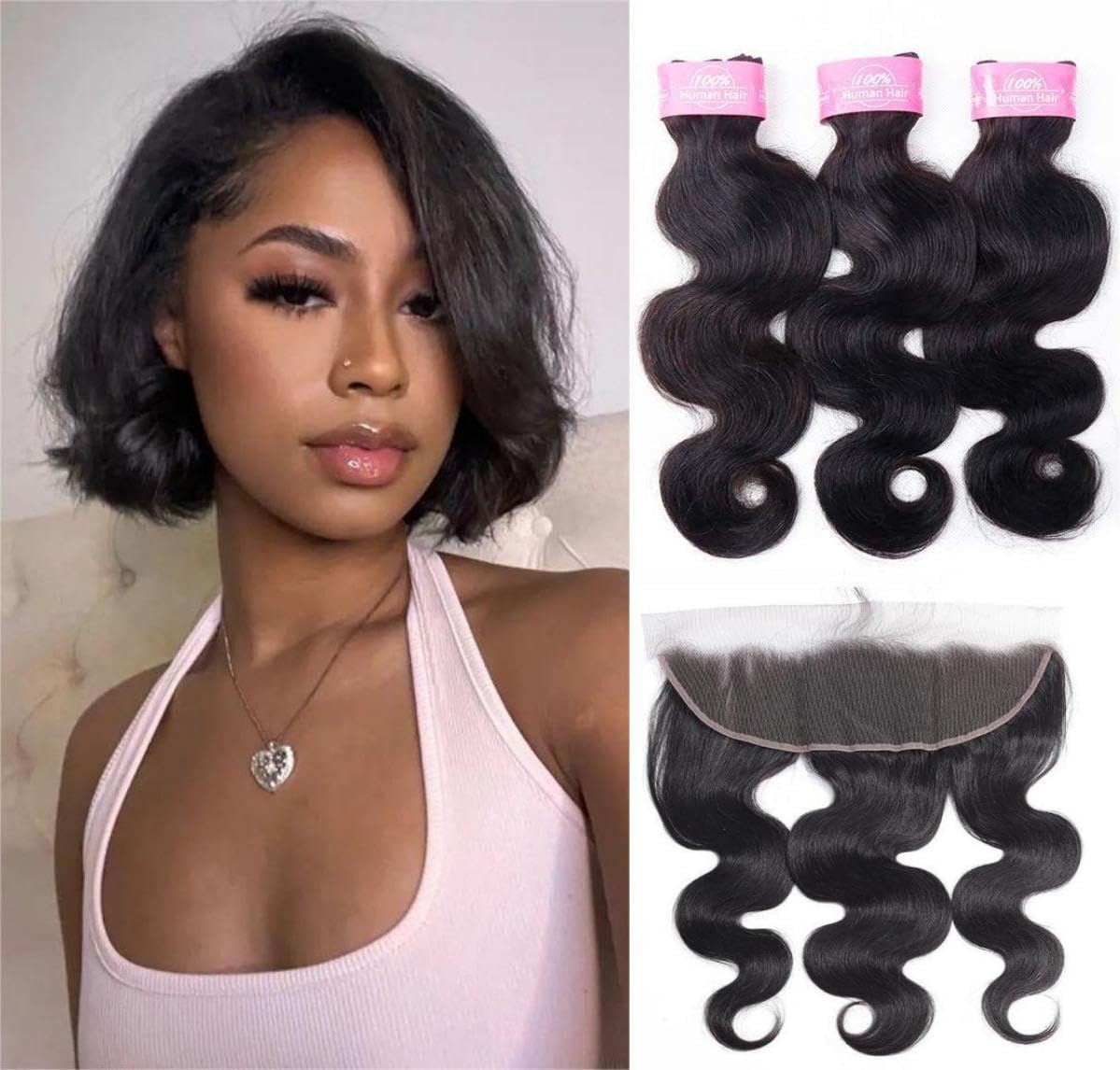 Sexycat Body Wave Bundles with 13x4 HD Lace Frontal Human Hair 10 10 10+10 Inch 100% Unprocessed Brazilian Virgin Hair Extensions Weave Weft Bundles with Lace Frontal