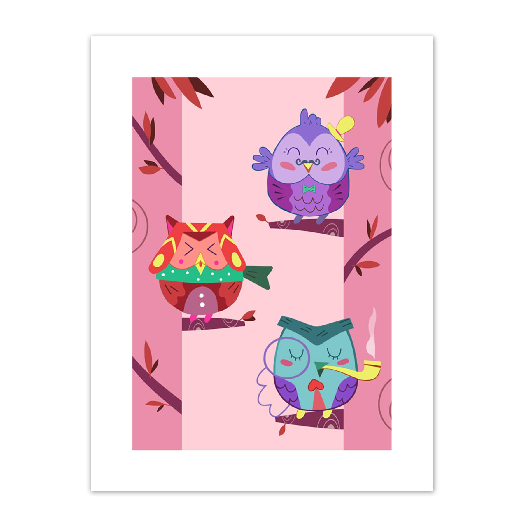 Wee Blue Coo Kawaii Owls Tree Art Print Canvas Premium Wall Decor Poster