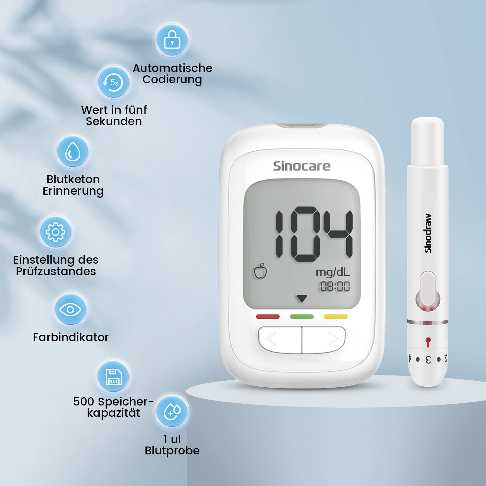 Blutzuckermessgerät Set mit Teststreifen 100, Zuckermessgerät Glucose Monitor mit 100 Lanzetten, Genaueste Silberelektrode, Keton-Warnung, mg/dL