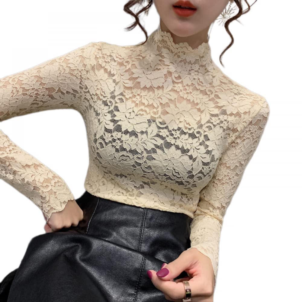 UZYBAG Autumn Women Thin Black Lace T Shirt Turtleneck Long Sleeve 