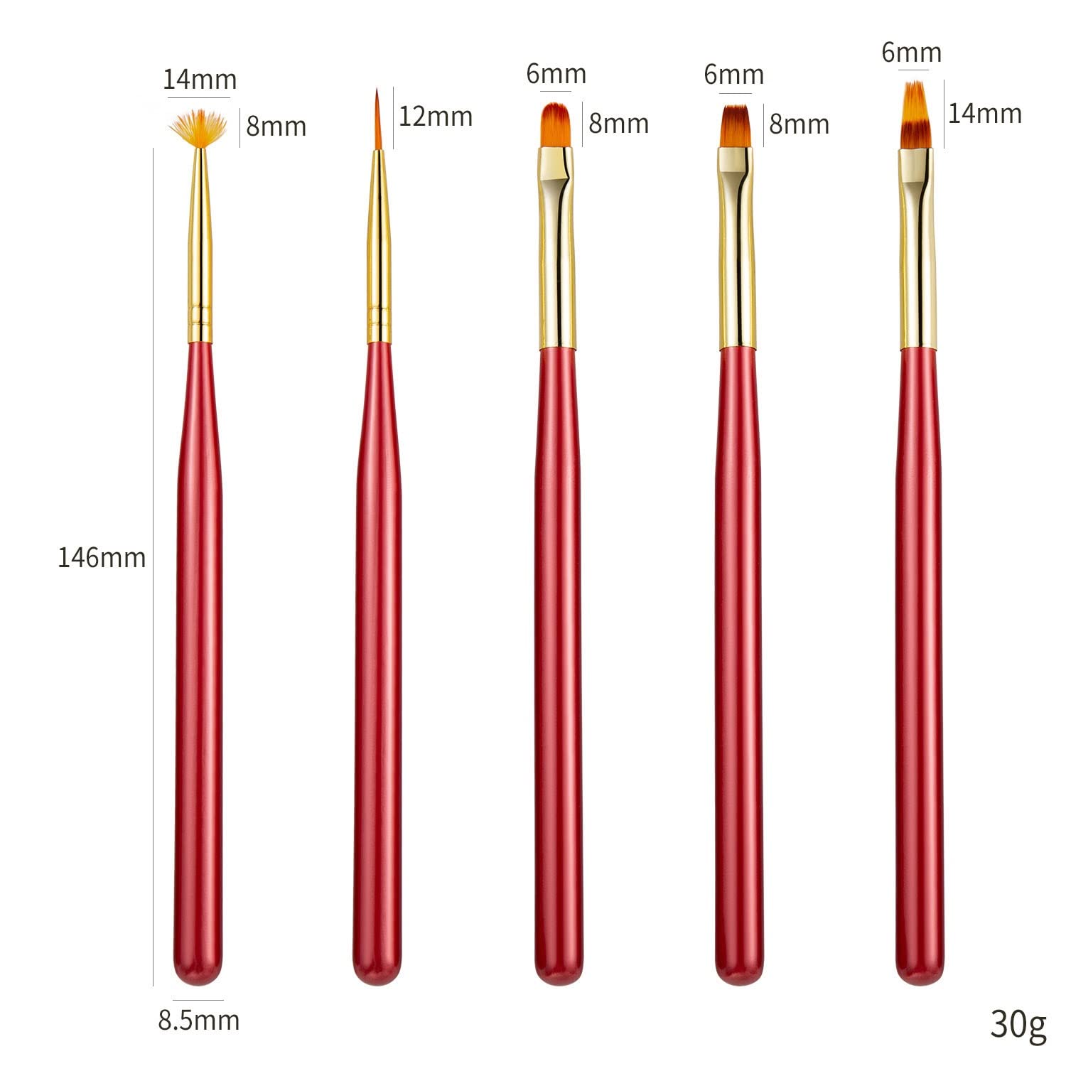 Pennelli per Pittura ad Olio, 5 Pezzi Pennello per Estensione Gel Rosso Pennello per Nail Art Liner per Manicure Strumenti di Pittura per Disegno (Rosso 5 Pezzi)