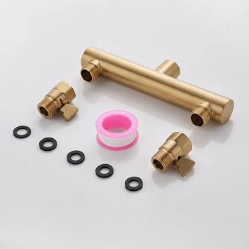 Shower Head Manifold with Double Outlet and Shut Off Valves for Dual Sprayer Showering System,Can Connect Two Showerheads,Brushed Gold,STG04