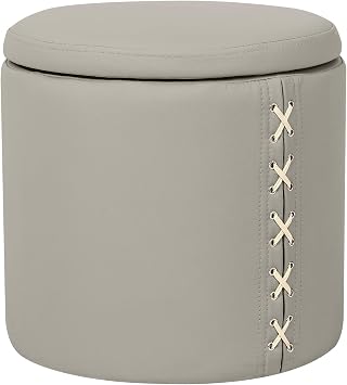 Homebeez Round Storage Ottoman, Leather Upholstered Ottoman Seat, Small Foot Rest Stool for Living Room, Bedroom, Gray
