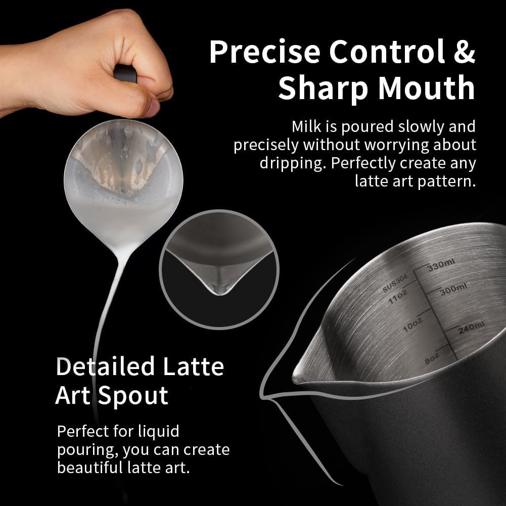 watchget - Jarra de espuma de leche de 350 ml, jarra de acero inoxidable para espumar leche, capuchino, latte, accesorios para máquina de café, jarra de leche, taza espumadora de leche, color negro