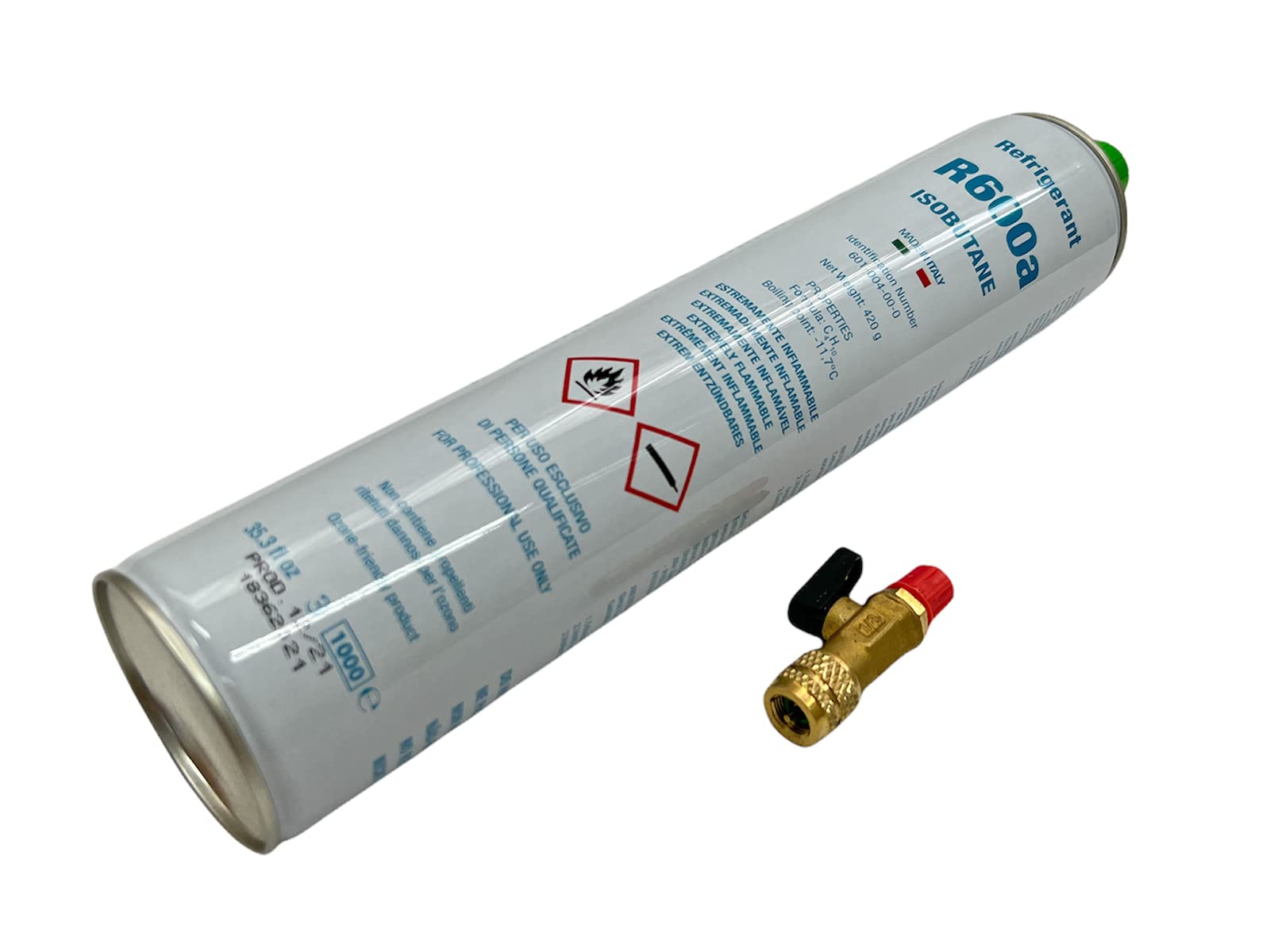 eRicambi, Kit Frigorifero Bombola Ricarica Gas Refrigerante R600A, Contenuto 750 Ml Netto 420 GR, Attacco 7/16 Sae + Rubinetto 1/4 M/F con Guarnizione