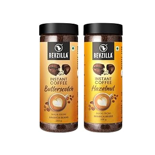 Bevzilla 200g Hazelnut & 200g Butterscotch Flavoured Instant Coffee Powder | Perfact For Espresso, Latte, Cappuccino | Hot & Cold Brews