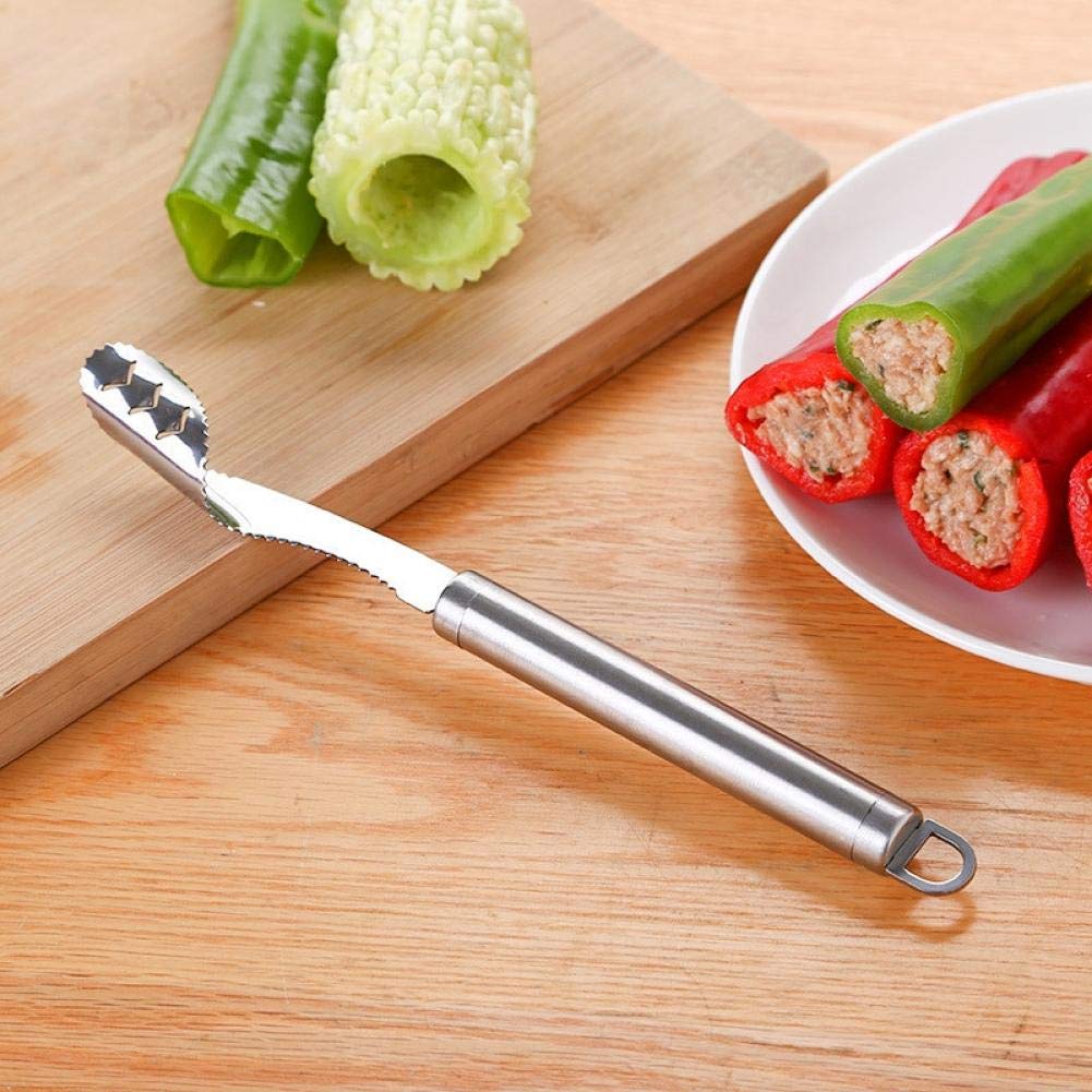 Tossper Silver Pepper Corer Seed Remover Tool Zucchini Cucumber Core Stainless Steel Deseeder Chili Corer Remover Serrated Slice Seed Remover Or Slice Off Vegetables Tops