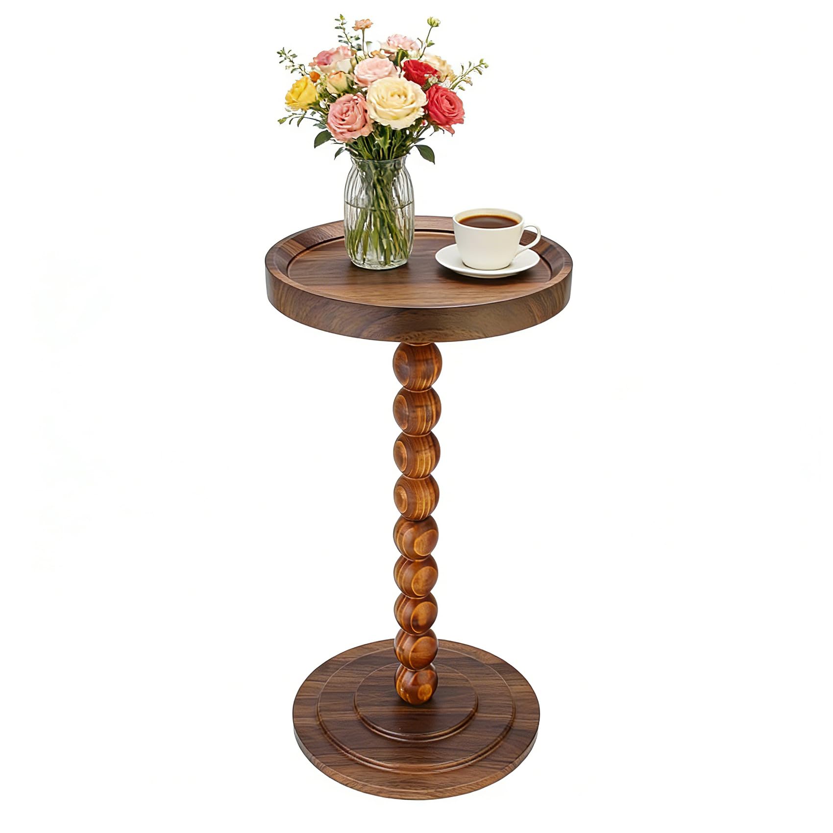 XUDREZ Modern Side Table with Vintage Spindle Design, Small Round Coffee End Table for Living Room Bedroom/Sofa/Bathtub (Walnut Brown)