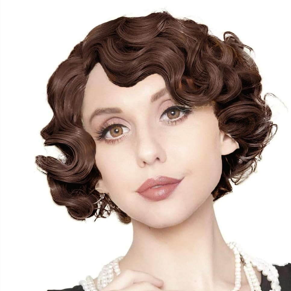 Tseses Brown Short Finger Wave Womens Wigs 1920s 30s Side Part Cosplay Wig Synthetic Heat Resistant Hair Halloween Wig for Vintage Party Use