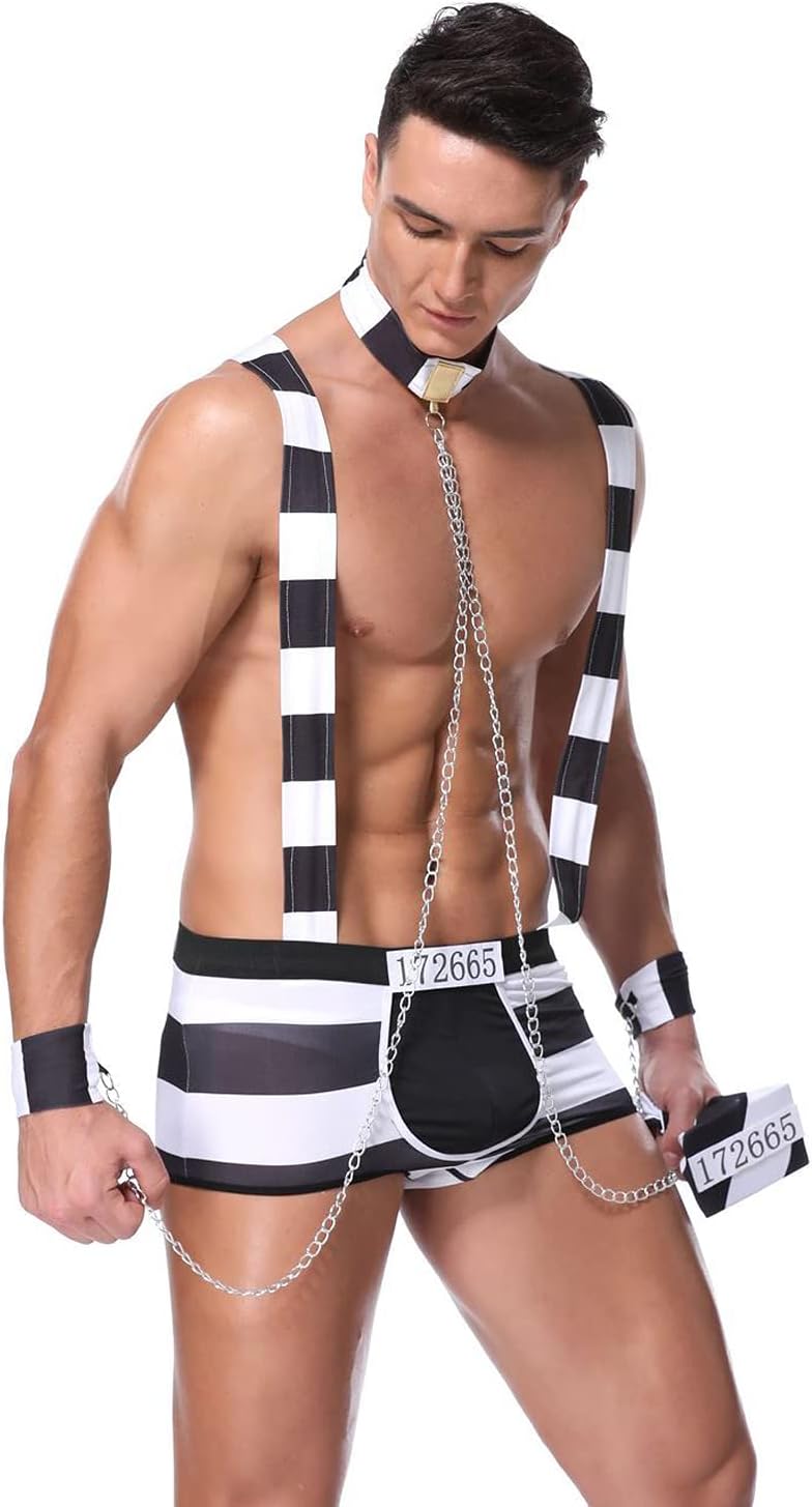 Mens Sexy Lingerie Set Role Play Prison-Inmates Uniform Night Club Costume Outfit One Size Black White - Image 6