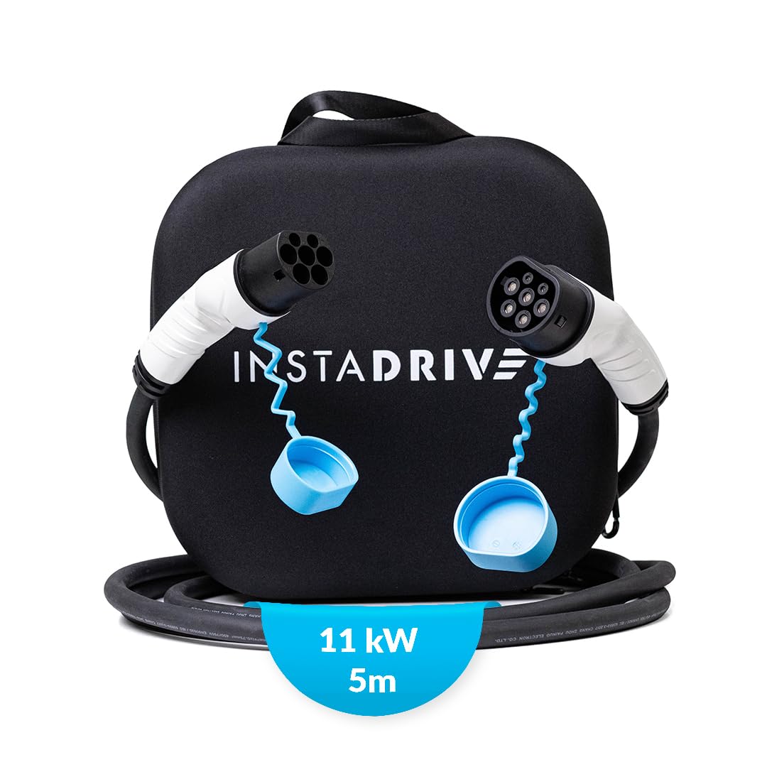 INSTADRIVE Typ 2 auf Typ 2 Ladekabel für Elektroautos, 16A / 11kW / 3-Phasig / 5 Meter – zum Laden von E-Auto (EV) und Plug-in-Hybrid (PHEV) an Wallbox und Ladestationen – mit hochwertiger Tragetasche