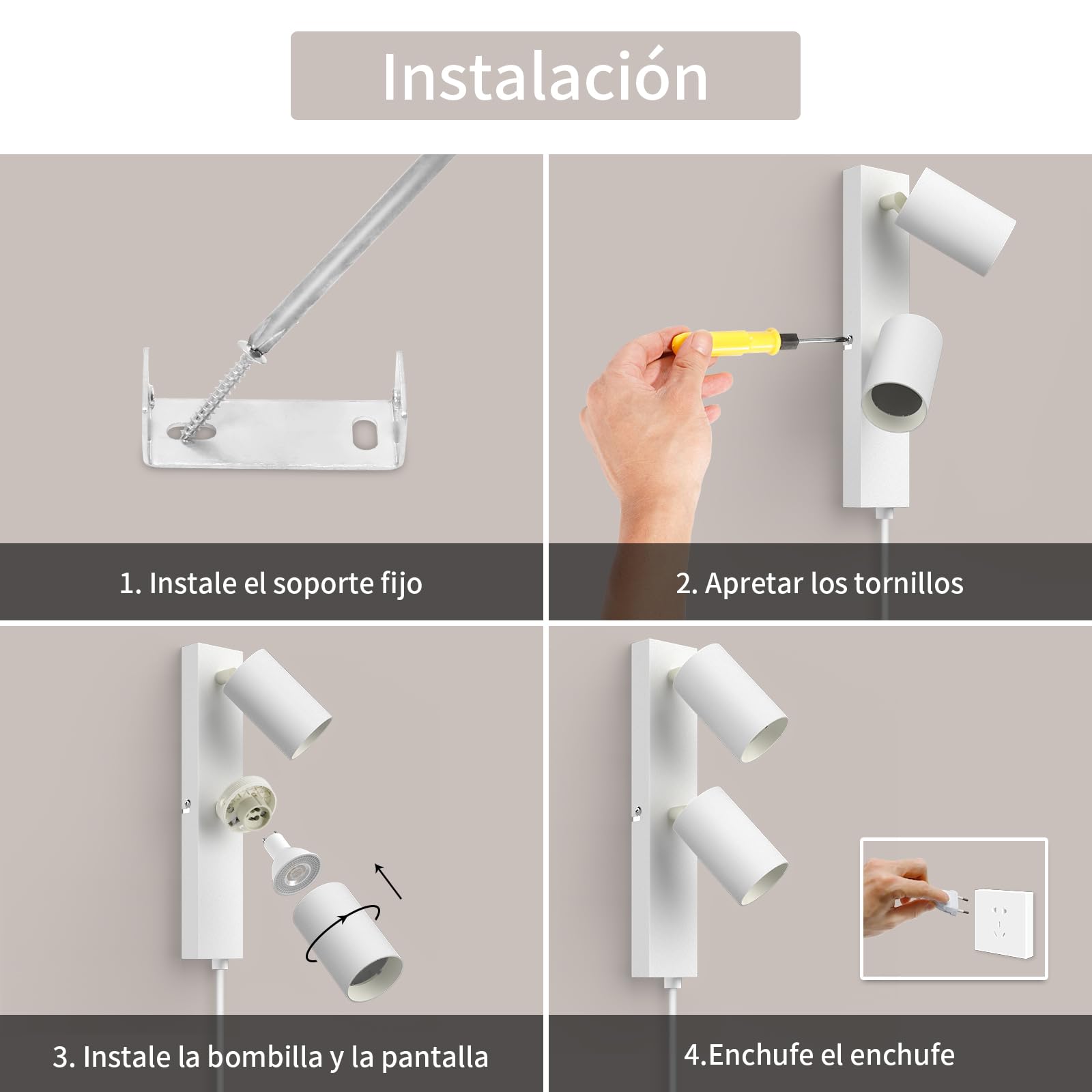 Aplique Pared con Enchufe y Interruptor 2 Focos Blanco GU10 - Lampara de Pared con Cable Moderno Giratorio 350° - Apliques Pared Dormitorio Salón Pasillo - Sin Bombillas