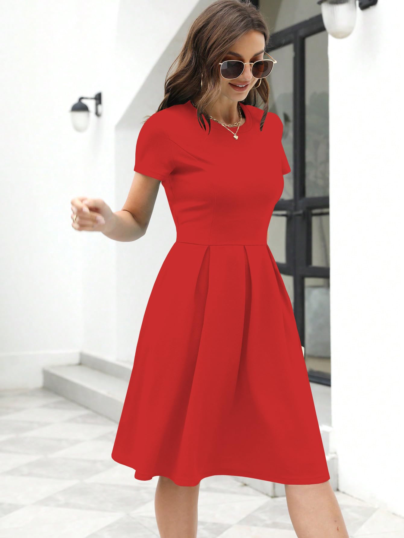 Shasmi Girl's & Women's Solid Red Color Solid Slant Pocket Fold Pleated, Women Cocktail Party Vintage Style With Pockets Big Swing Simple Retro Dress (Dress 166 Red-M)