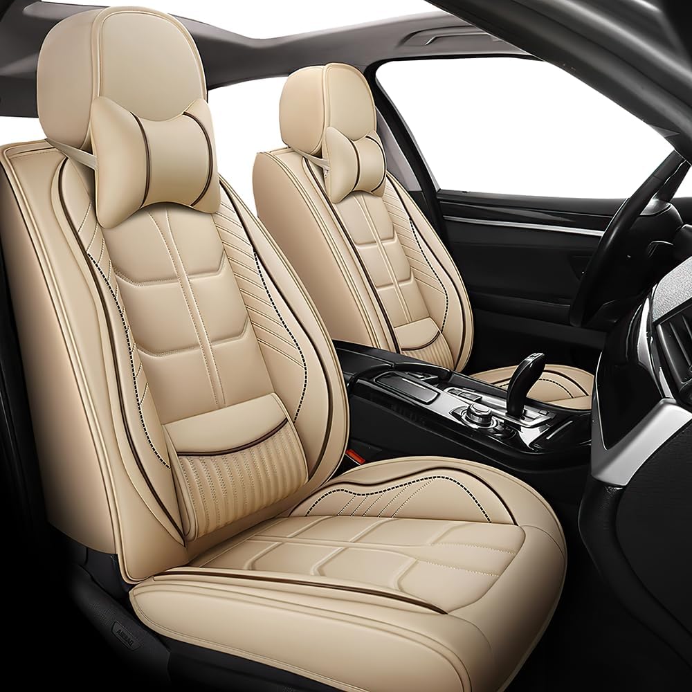 for Toyota Prius c 2016-2023 Car Seat Cover, 5-Seater Front Rear Seat Cover, Waterproof and Wear Resistant Leather Seat Covers(Full Set with Pillow Beige)