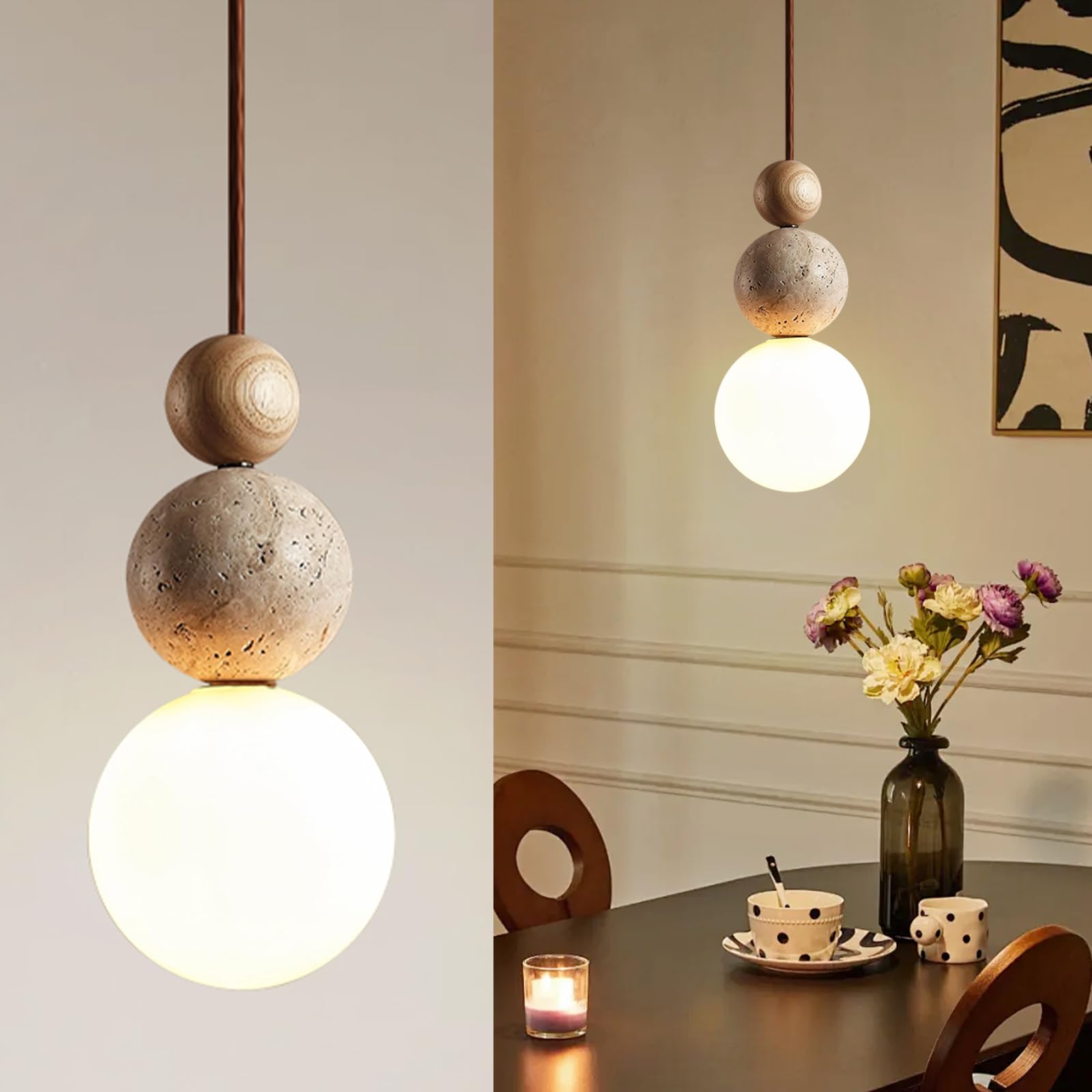 KlkrzJwy Nordic Yellow Travertine Pendant Lights Wabi-sabi Glass Hanging Lamp Bedside Mini Pendant Lighting LED 3000K Chandelier Adjustable Hanging Light Fixtures for Over Table Living Room Bedroom